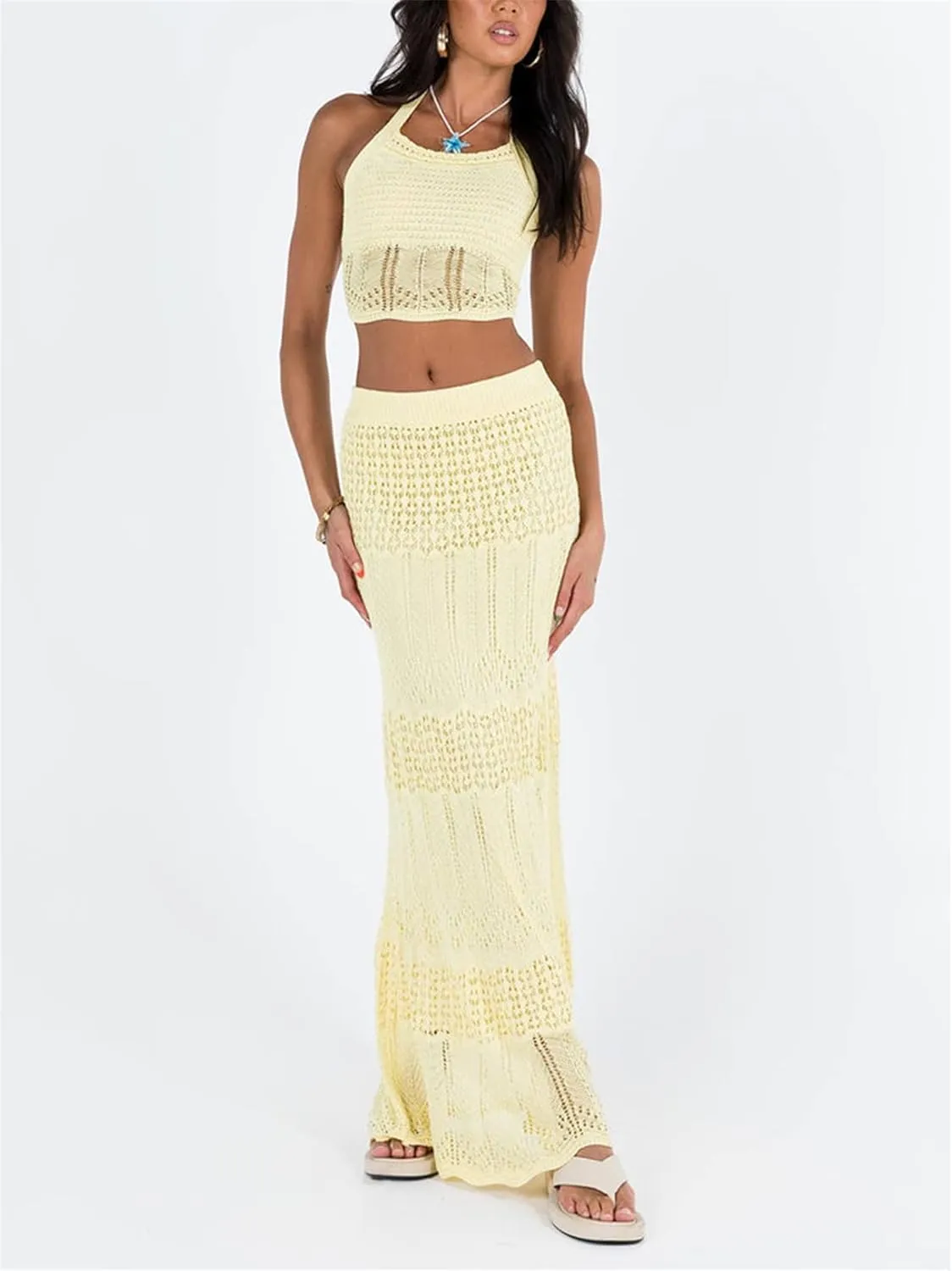 Women Crochet 2 Piece Outfits Knit Sleeveless Slim Crop Tank Tops Bodycon Maxi Skirt Sets Y2k Sexy Summer Beach Wear