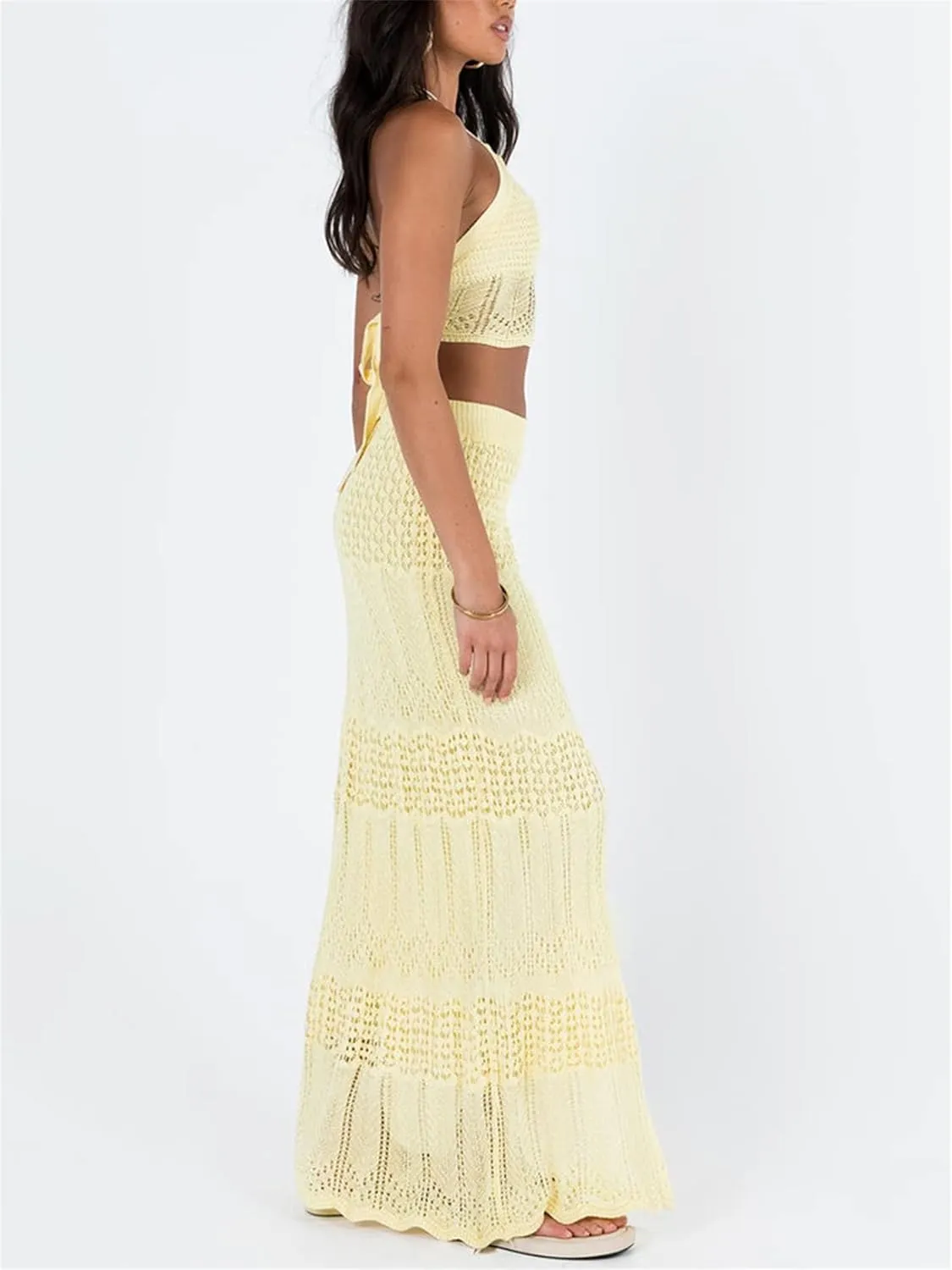 Women Crochet 2 Piece Outfits Knit Sleeveless Slim Crop Tank Tops Bodycon Maxi Skirt Sets Y2k Sexy Summer Beach Wear