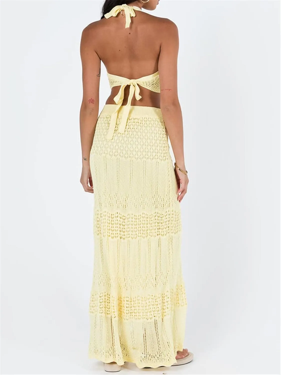 Women Crochet 2 Piece Outfits Knit Sleeveless Slim Crop Tank Tops Bodycon Maxi Skirt Sets Y2k Sexy Summer Beach Wear