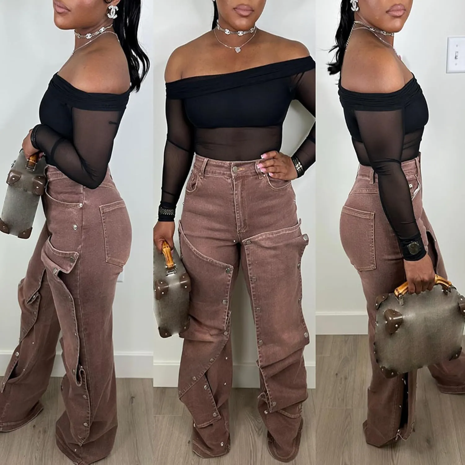 Women Detachable Straight Leg Jeans Y2k High Waisted Cargo Jeans Patchwork Denim Pants