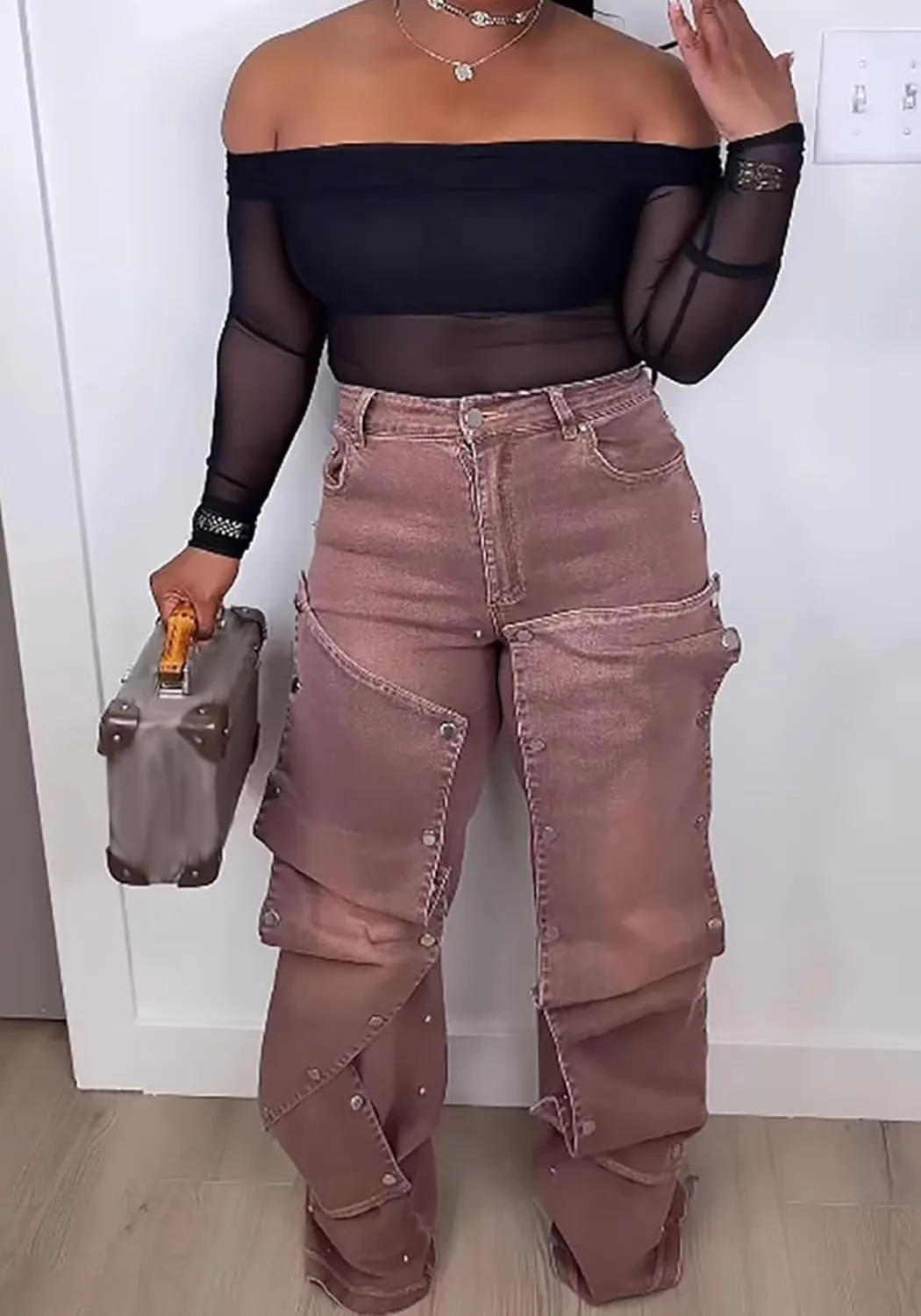 Women Detachable Straight Leg Jeans Y2k High Waisted Cargo Jeans Patchwork Denim Pants