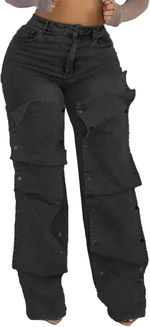 Women Detachable Straight Leg Jeans Y2k High Waisted Cargo Jeans Patchwork Denim Pants