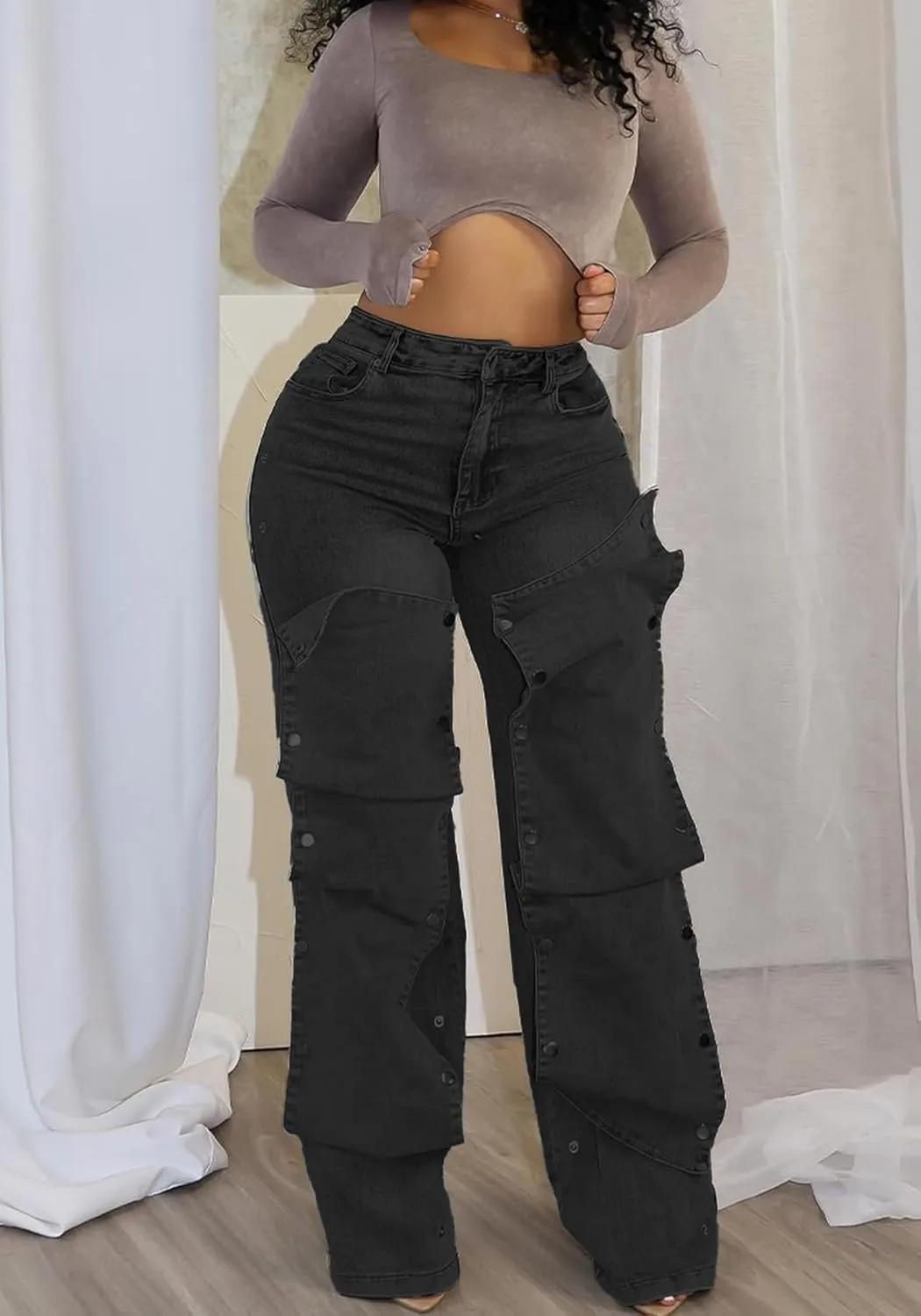 Women Detachable Straight Leg Jeans Y2k High Waisted Cargo Jeans Patchwork Denim Pants
