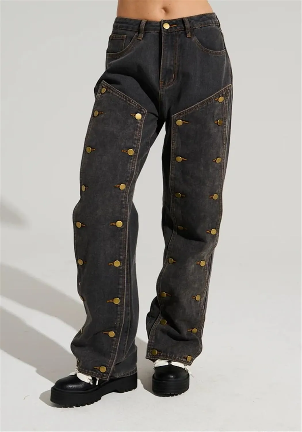 Women Detachable Straight Leg Jeans Y2k High Waisted Cargo Jeans Patchwork Denim Pants