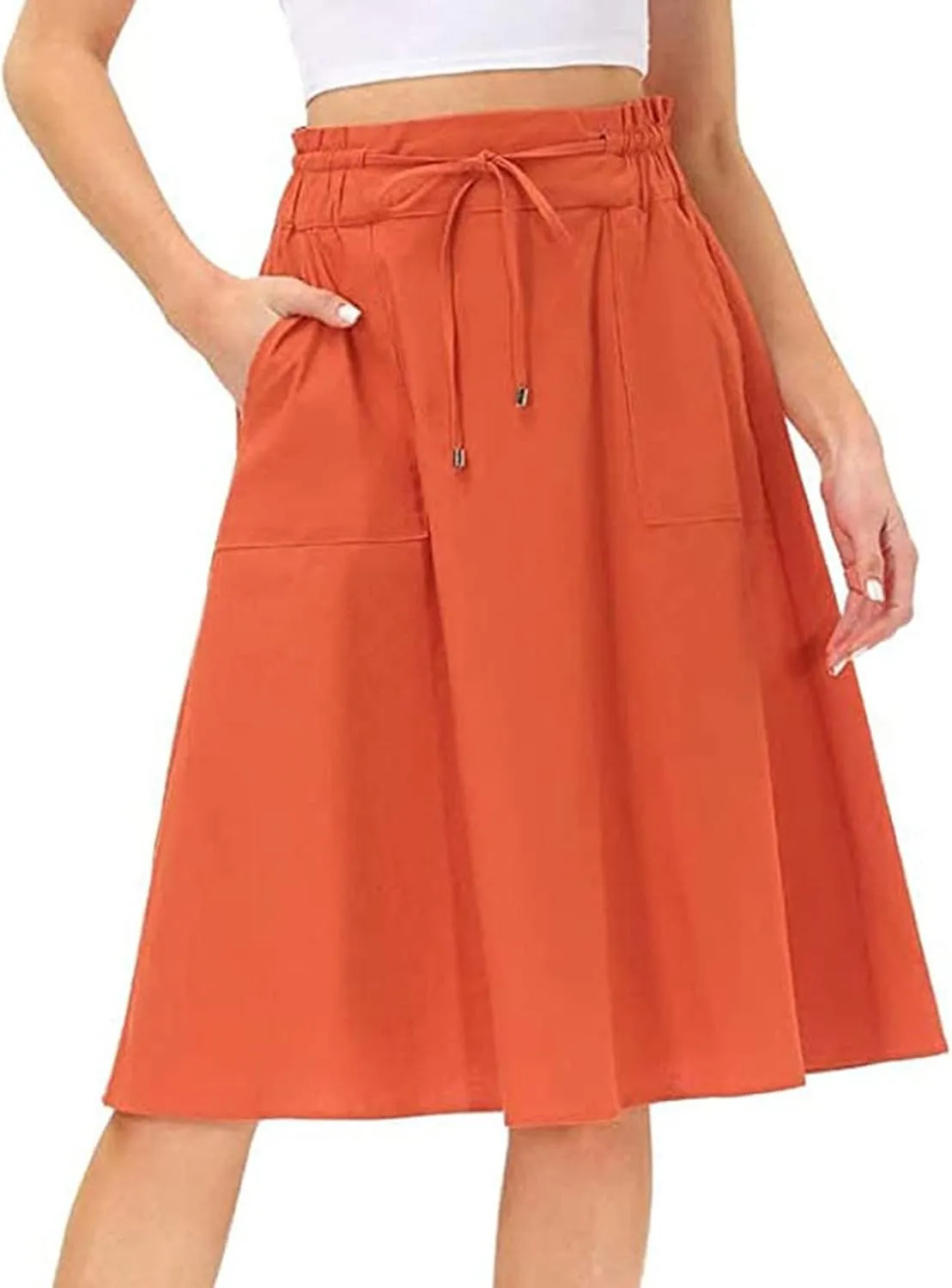Women Elastic High Waist Boho Maxi Skirt Casual Drawstring A Line Long Skirt Skirt for Women with Pocket