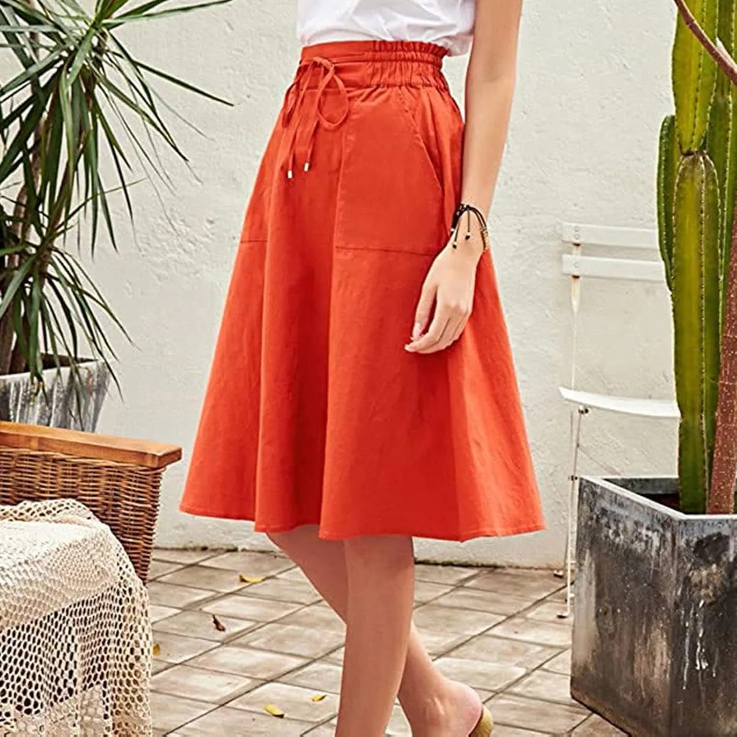 Women Elastic High Waist Boho Maxi Skirt Casual Drawstring A Line Long Skirt Skirt for Women with Pocket