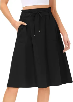 Women Elastic High Waist Boho Maxi Skirt Casual Drawstring A Line Long Skirt Skirt for Women with Pocket