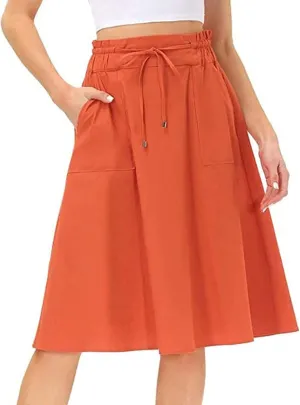 Women Elastic High Waist Boho Maxi Skirt Casual Drawstring A Line Long Skirt Skirt for Women with Pocket