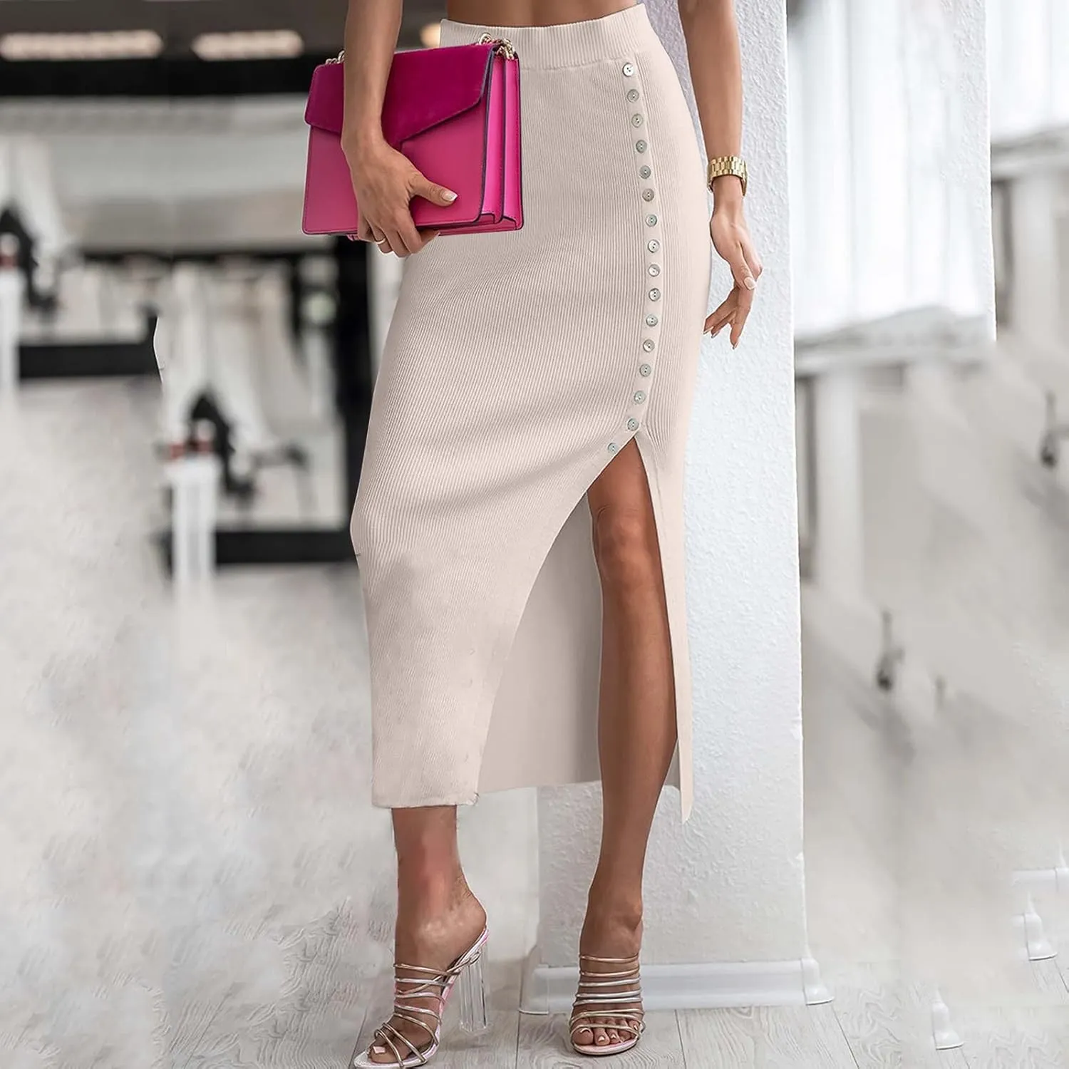 Women Elegant Lettuce Trim Solid High Waisted Pencil Midi Skirt Pencil Skirt for Men