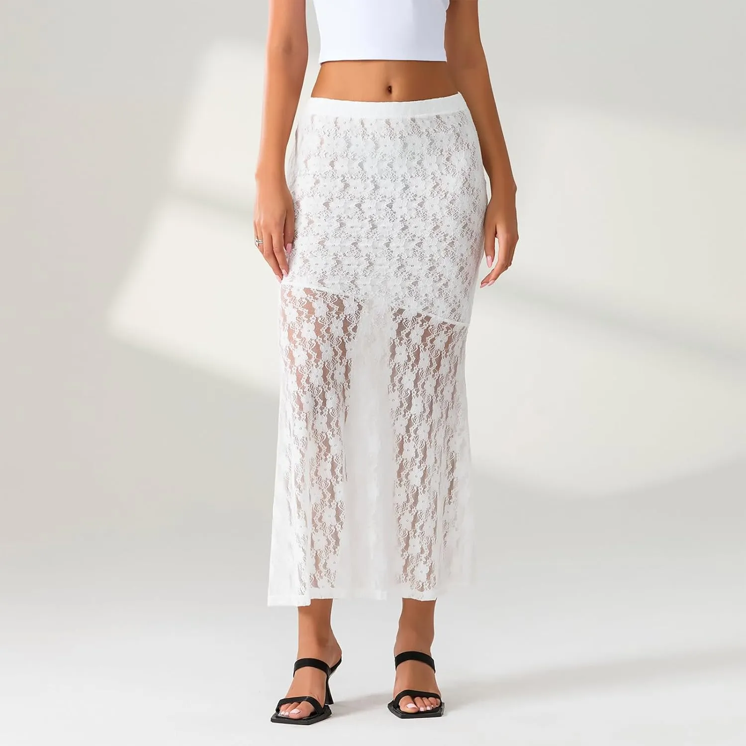 Women Fairy Lace Maxi Skirt Y2K Vintage Sheer Mesh Lace Floral Bodycon Long Skirt Sexy See-Through Half Slip Skirts