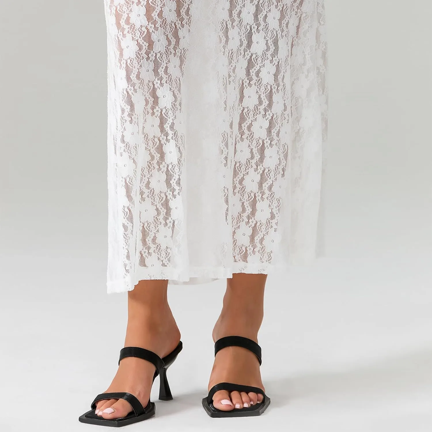 Women Fairy Lace Maxi Skirt Y2K Vintage Sheer Mesh Lace Floral Bodycon Long Skirt Sexy See-Through Half Slip Skirts