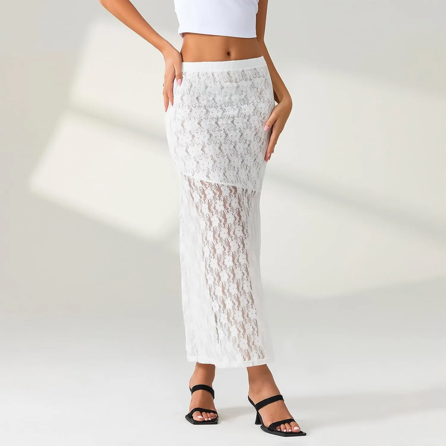 Women Fairy Lace Maxi Skirt Y2K Vintage Sheer Mesh Lace Floral Bodycon Long Skirt Sexy See-Through Half Slip Skirts