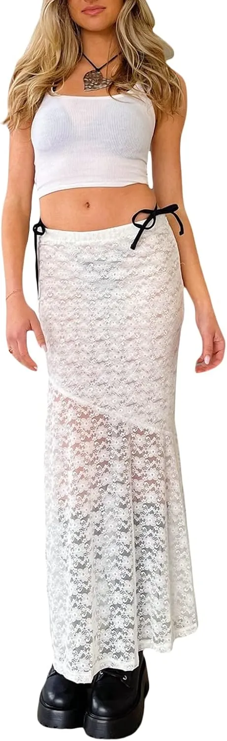 Women Fairy Lace Maxi Skirt Y2K Vintage Sheer Mesh Lace Floral Bodycon Long Skirt Sexy See-Through Half Slip Skirts