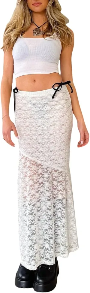 Women Fairy Lace Maxi Skirt Y2K Vintage Sheer Mesh Lace Floral Bodycon Long Skirt Sexy See-Through Half Slip Skirts