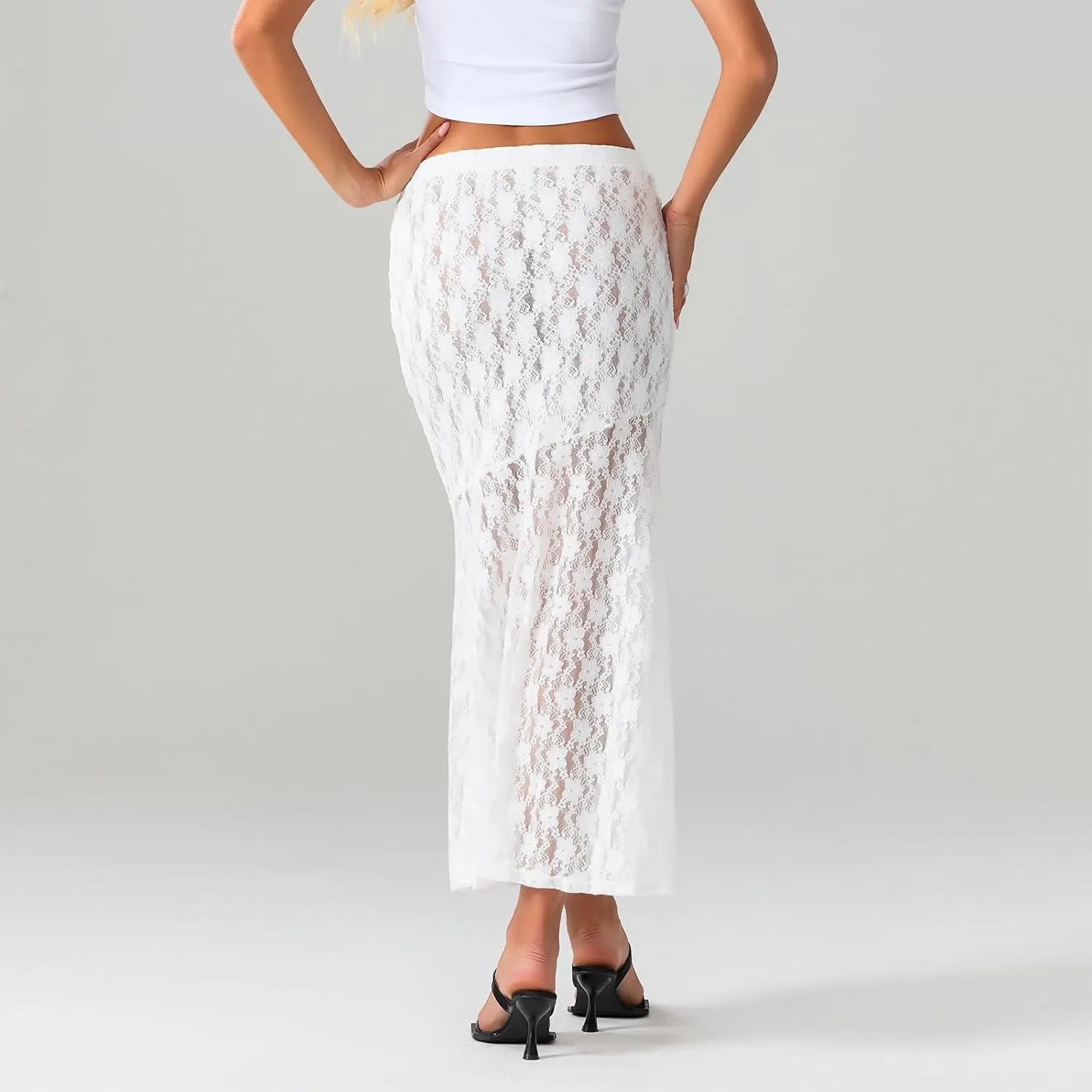 Women Fairy Lace Maxi Skirt Y2K Vintage Sheer Mesh Lace Floral Bodycon Long Skirt Sexy See-Through Half Slip Skirts