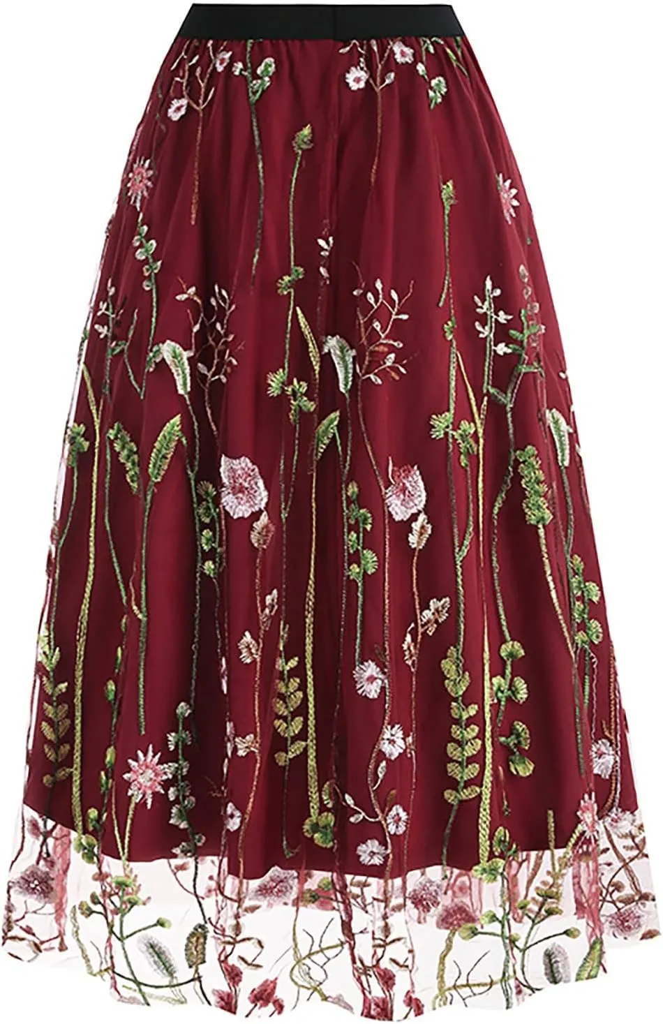 Women Floral Embroidery Skirt Elastic Waist Loose A Shaped Skirt Double Layer Pleated Midi Skirt