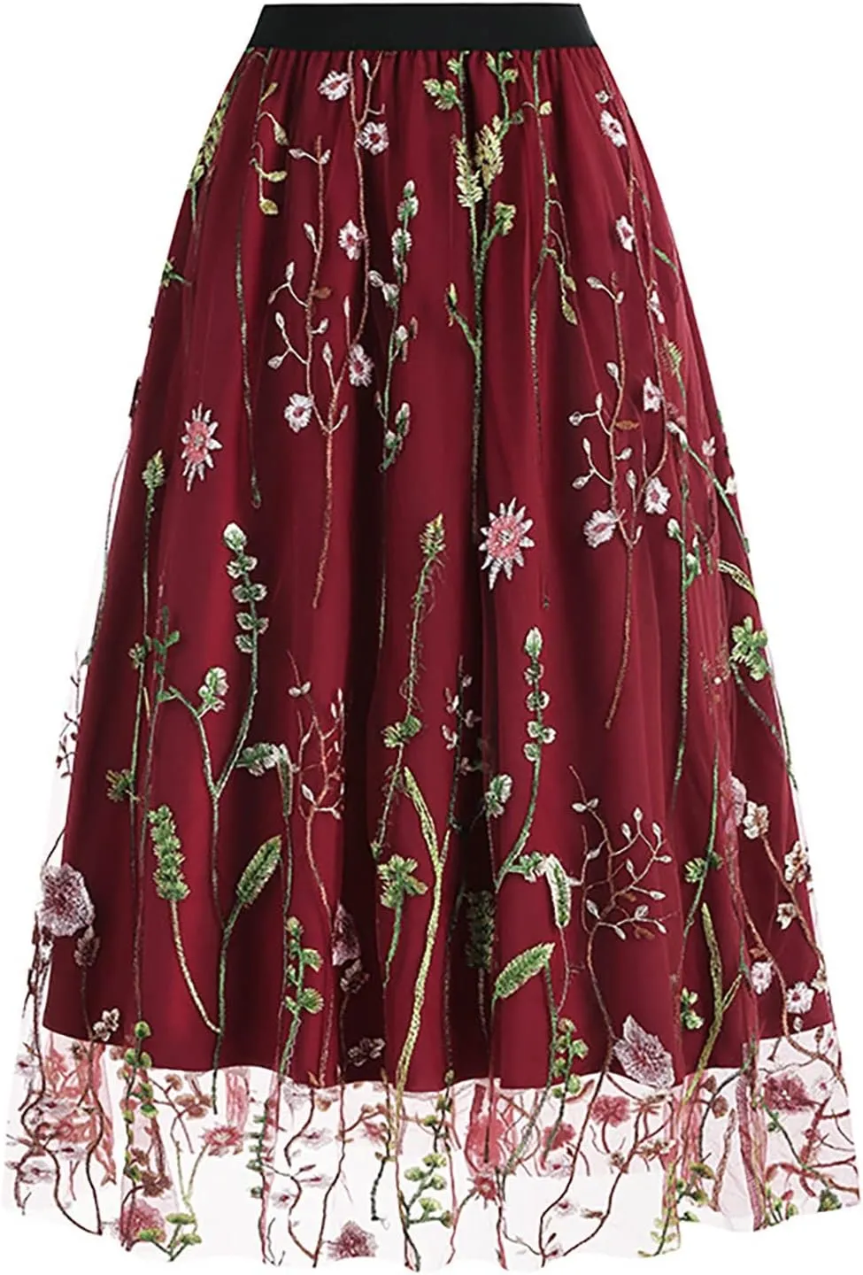 Women Floral Embroidery Skirt Elastic Waist Loose A Shaped Skirt Double Layer Pleated Midi Skirt