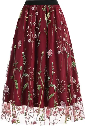 Women Floral Embroidery Skirt Elastic Waist Loose A Shaped Skirt Double Layer Pleated Midi Skirt