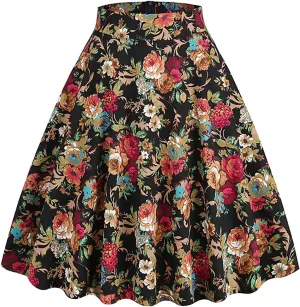 Women Floral Printed Skirt Elastic Waist A-Line Knee Length Skirt Vintage Pleated Midi Skirt