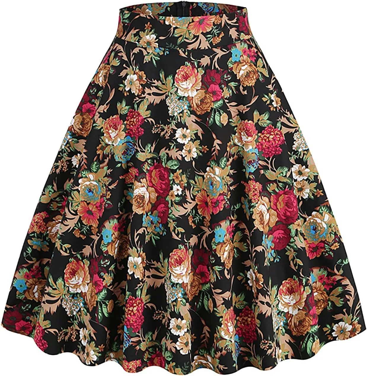 Women Floral Printed Skirt Elastic Waist A-Line Knee Length Skirt Vintage Pleated Midi Skirt