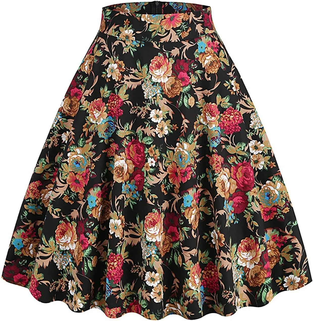 Women Floral Printed Skirt Elastic Waist A-Line Knee Length Skirt Vintage Pleated Midi Skirt