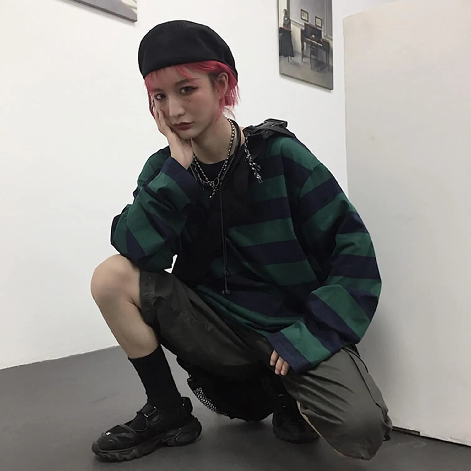 Women Harajuku Oversized Stripe Casual Long Sleeves Crewneck T-Shirt Tee Tops