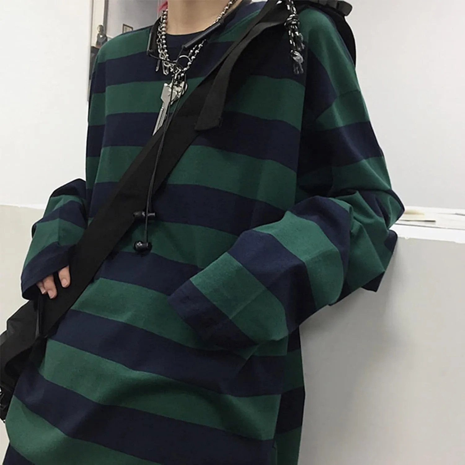 Women Harajuku Oversized Stripe Casual Long Sleeves Crewneck T-Shirt Tee Tops