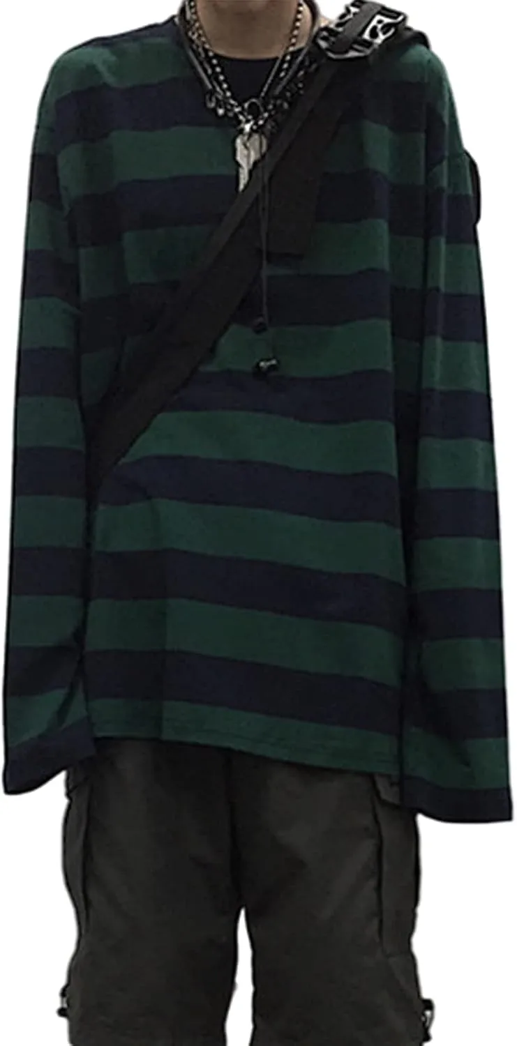 Women Harajuku Oversized Stripe Casual Long Sleeves Crewneck T-Shirt Tee Tops