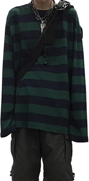 Women Harajuku Oversized Stripe Casual Long Sleeves Crewneck T-Shirt Tee Tops