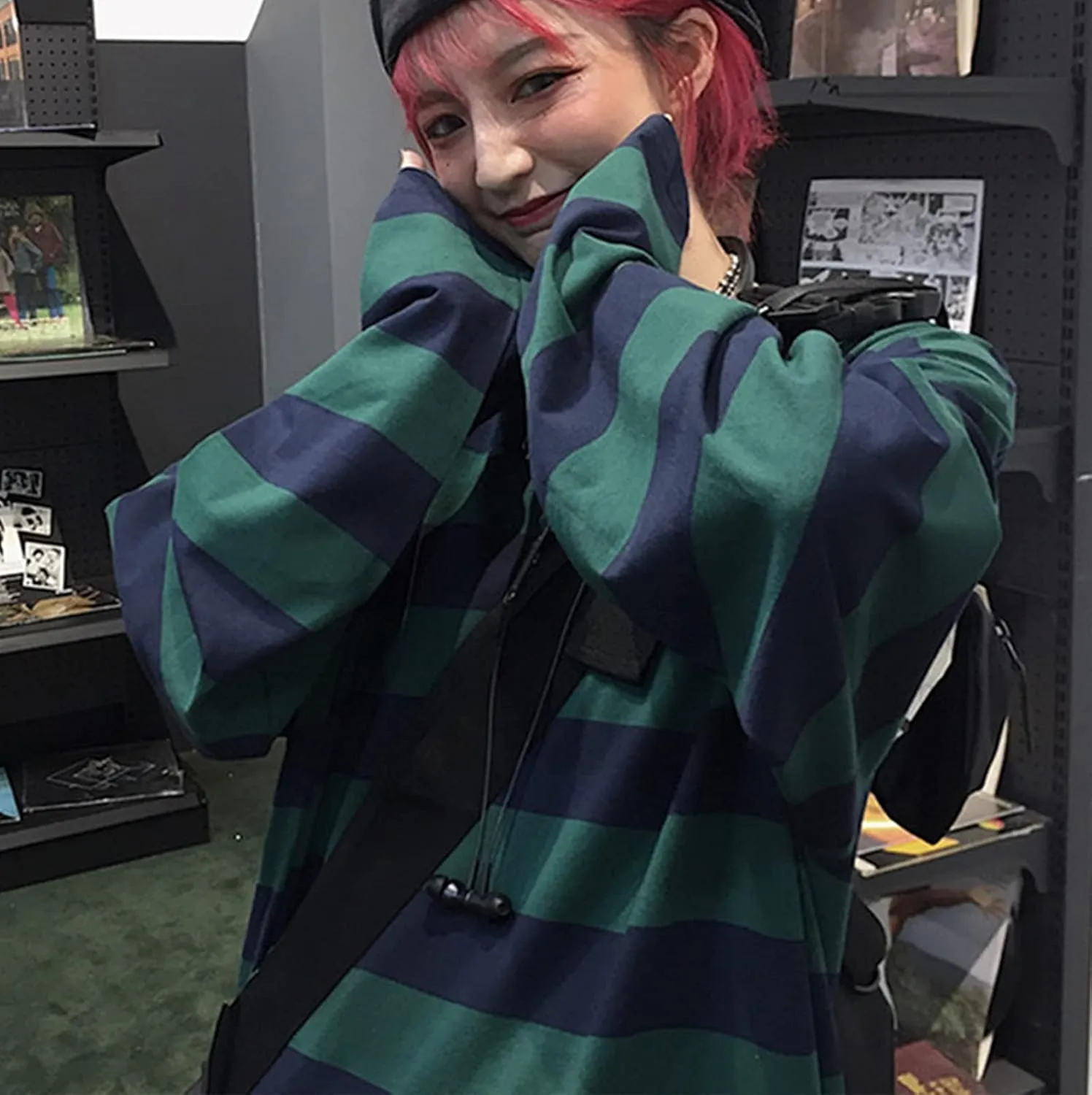 Women Harajuku Oversized Stripe Casual Long Sleeves Crewneck T-Shirt Tee Tops