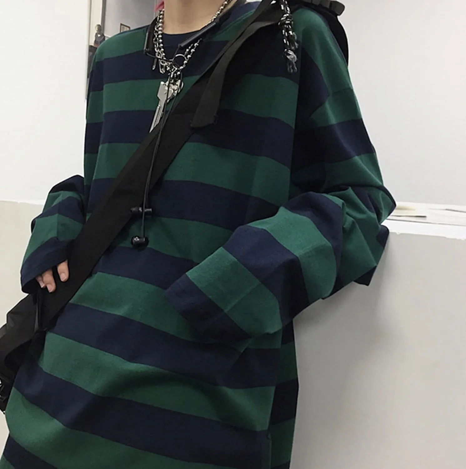 Women Harajuku Oversized Stripe Casual Long Sleeves Crewneck T-Shirt Tee Tops