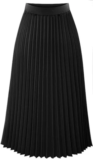 Women High Elastic Waist Pleated Chiffon Skirt Midi Swing A-line Skirt Maxi Skirts for Women Trendy Long (Black, L)