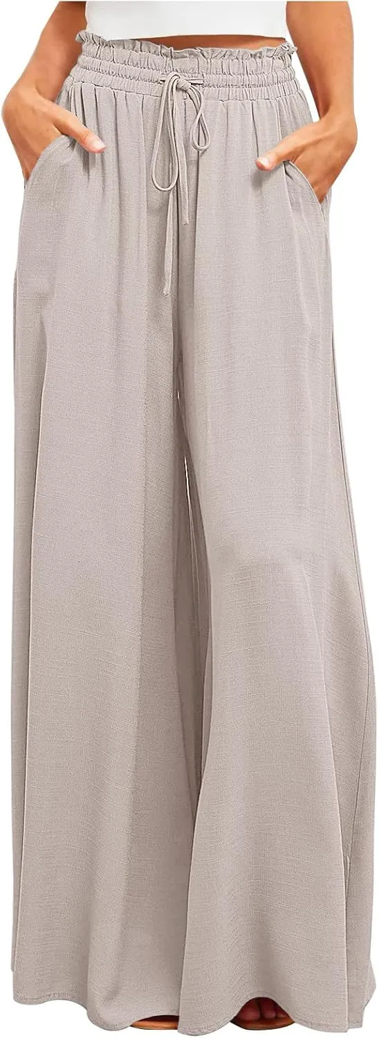 Women High Waist Casual Wide Leg Long Palazzo Pants Trousers Solid Color Drawstring Pants Beach Vacation Clothes