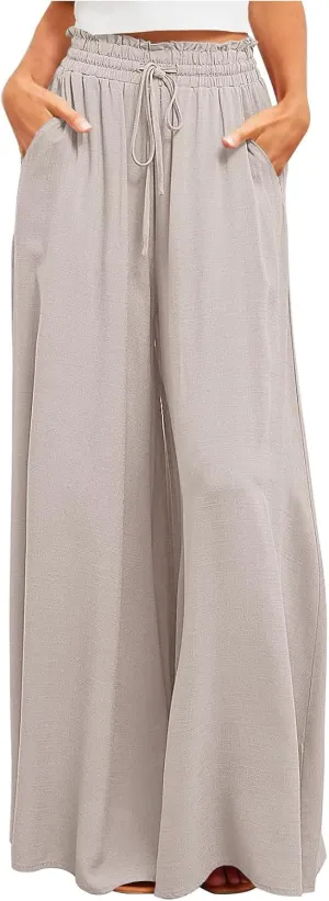 Women High Waist Casual Wide Leg Long Palazzo Pants Trousers Solid Color Drawstring Pants Beach Vacation Clothes