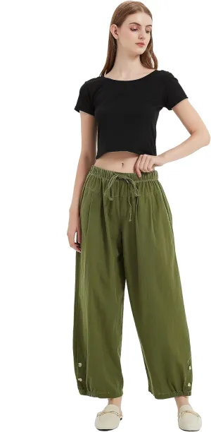 Women High Waist Casual Wide Leg Palazzo Pants Linen Drawstring Cropped Pants Trousers Regular Size
