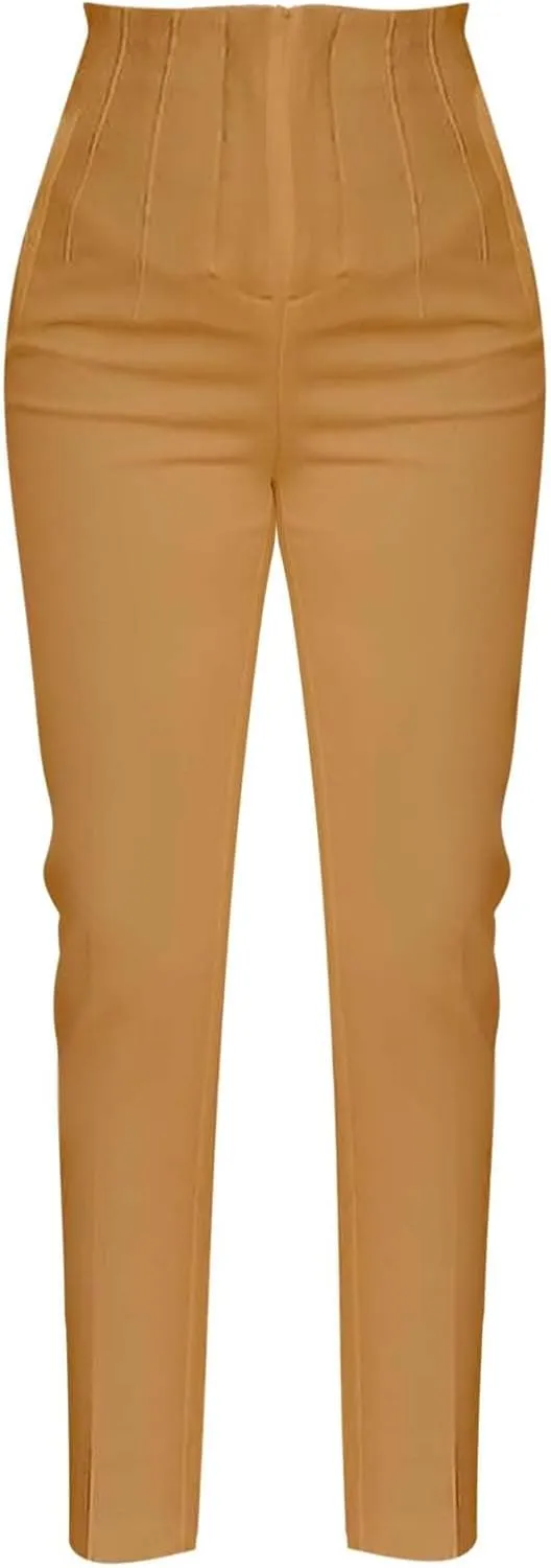 Women High Waist Cropped Work Pants Solid Zipper Trouser Pant Casual Baggy Elastic Waist Trouser Wide Leg Pant with