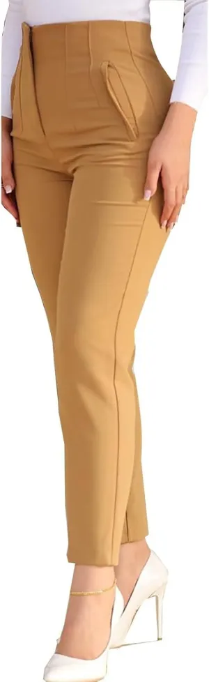 Women High Waist Cropped Work Pants Solid Zipper Trouser Pant Casual Baggy Elastic Waist Trouser Wide Leg Pant with