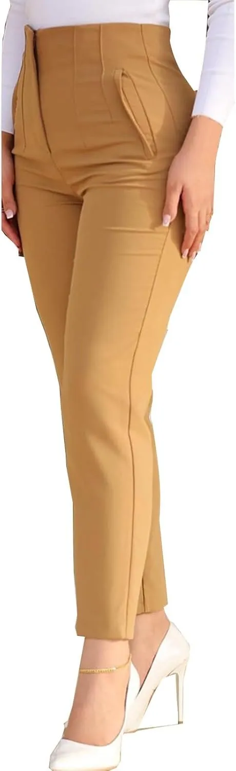 Women High Waist Cropped Work Pants Solid Zipper Trouser Pant Casual Baggy Elastic Waist Trouser Wide Leg Pant with