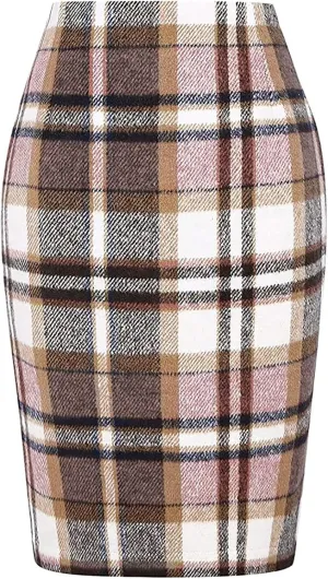 Women Knee Length Elastic Waist Stretchy Bodycon Business Pencil Skirt Slim Plaid Print Half Body Midi Hip Skirts