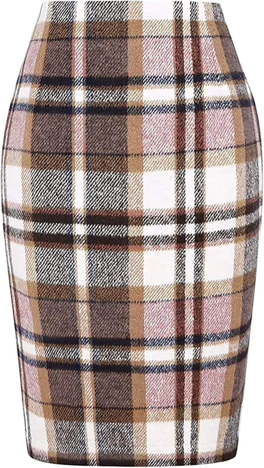 Women Knee Length Elastic Waist Stretchy Bodycon Business Pencil Skirt Slim Plaid Print Half Body Midi Hip Skirts