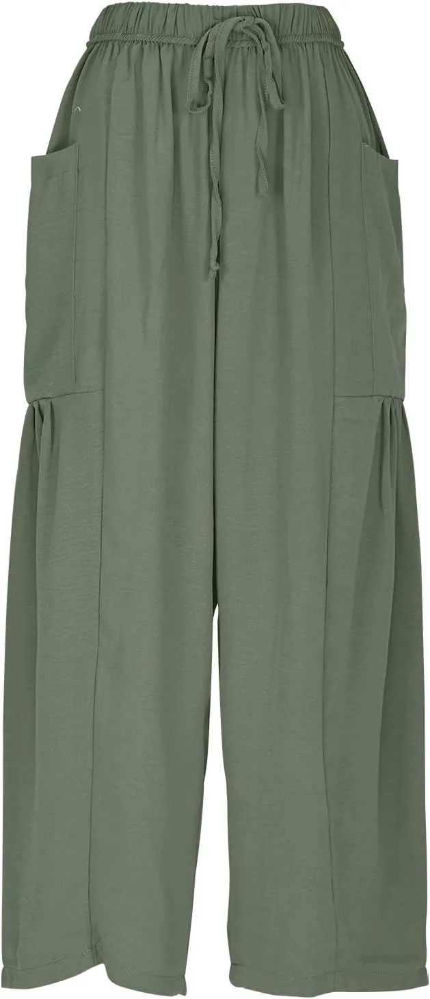Women Linen Baggy Harem Pants Summer Drawstring Casual Beach Pant 2025 Vacation Wide Leg Lounge Trousers with Pockets