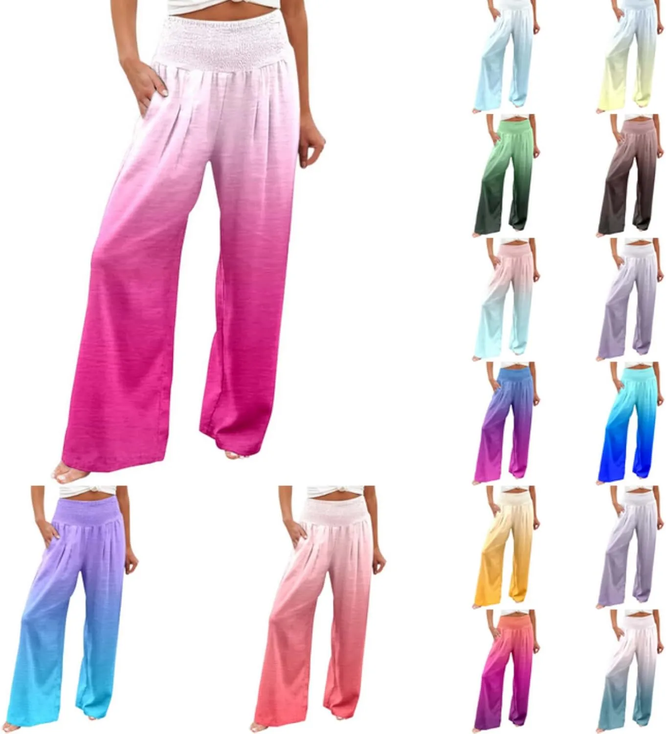 Women Linen Pants 2025 Summer Casual Loose Wide Leg Palazzo Pants Smocked High Waist Flowy Beach Trousers