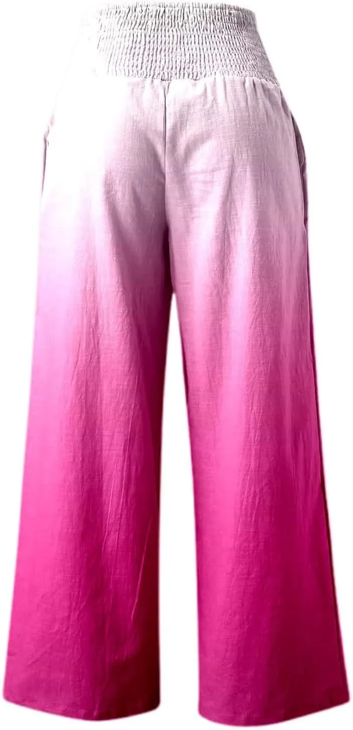 Women Linen Pants 2025 Summer Casual Loose Wide Leg Palazzo Pants Smocked High Waist Flowy Beach Trousers