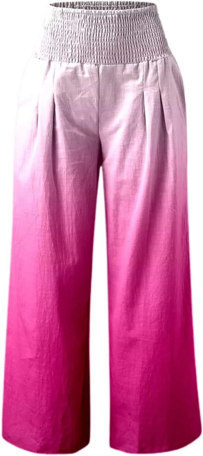 Women Linen Pants 2025 Summer Casual Loose Wide Leg Palazzo Pants Smocked High Waist Flowy Beach Trousers