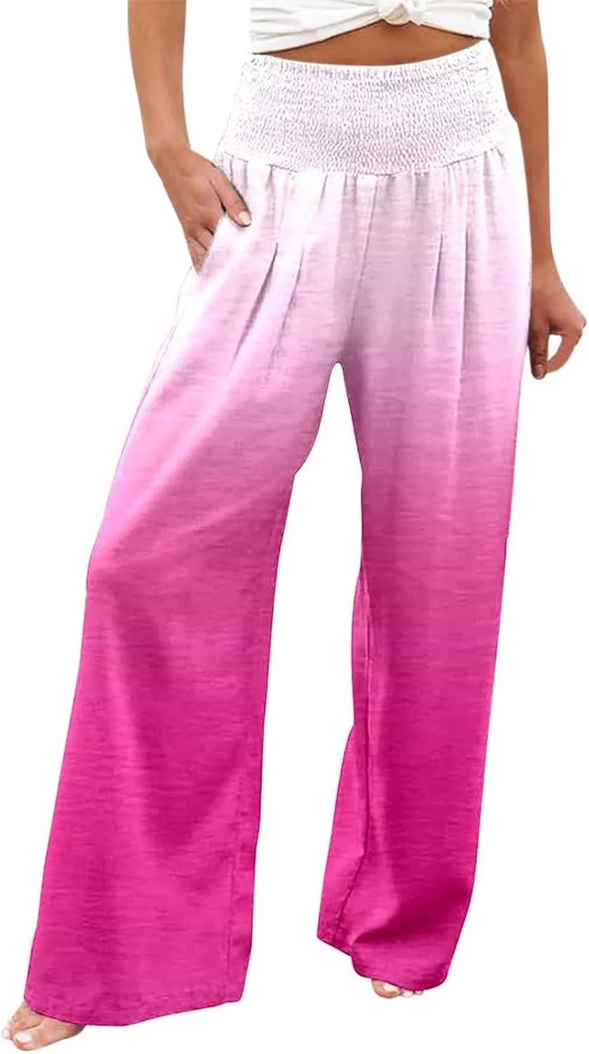 Women Linen Pants 2025 Summer Casual Loose Wide Leg Palazzo Pants Smocked High Waist Flowy Beach Trousers