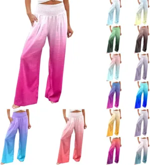 Women Linen Pants 2025 Summer Casual Loose Wide Leg Palazzo Pants Smocked High Waist Flowy Beach Trousers