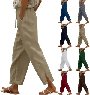 Women Linen Pants 2025 Summer Straight Leg High Waisted Side Split Lounge Pants Lightweight Baggy Beach Trouser w/Pockets