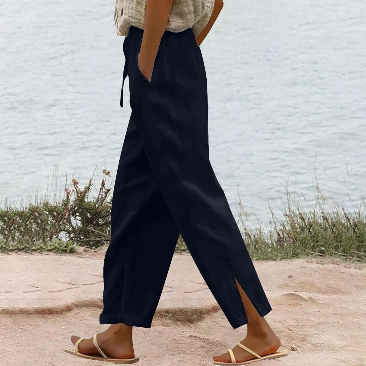 Women Linen Pants 2025 Summer Straight Leg High Waisted Side Split Lounge Pants Lightweight Baggy Beach Trouser w/Pockets