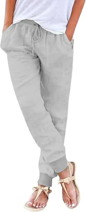 Women Linen Pants Drawstring Elastic Waist Summer Casual Beach Pants with Pockets Wide Leg Palazzo Trouser for Vacation
