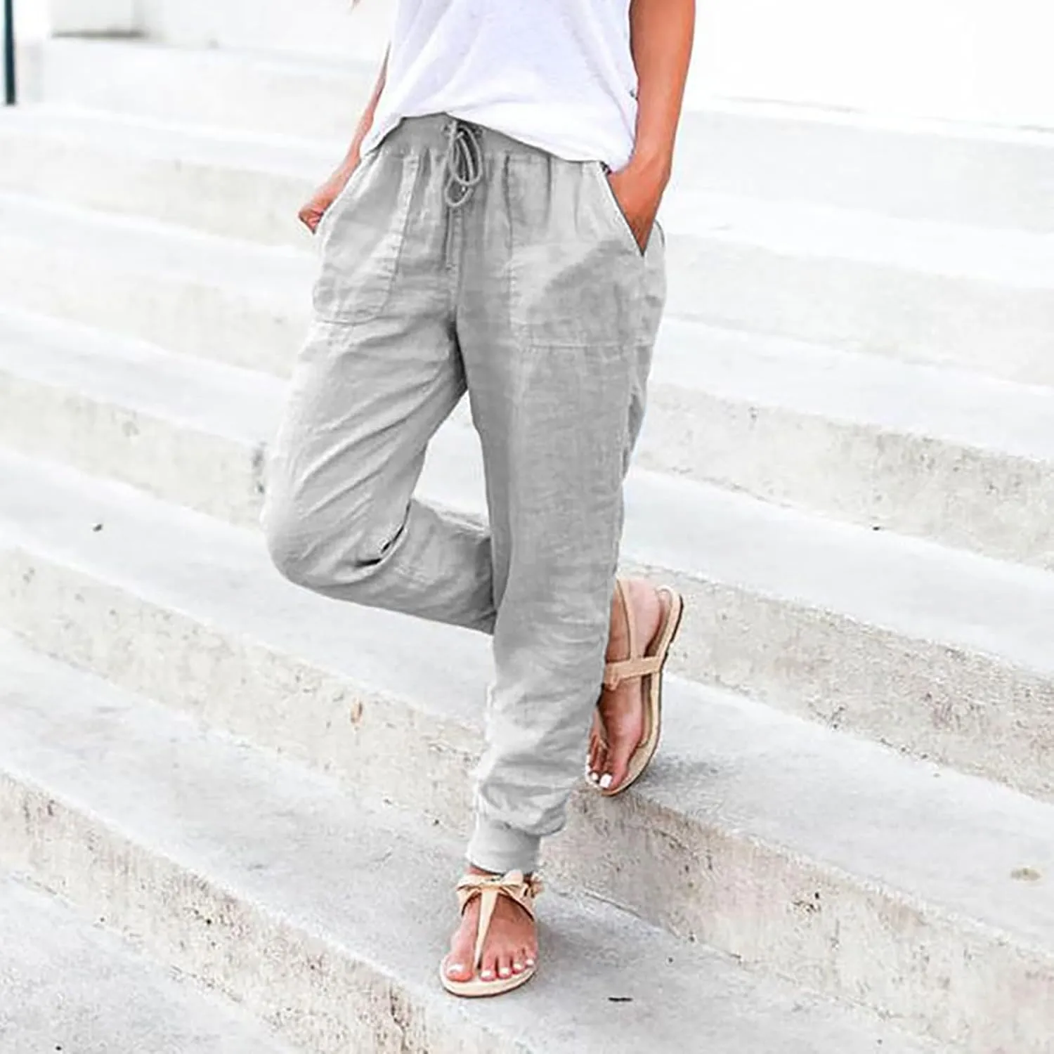 Women Linen Pants Drawstring Elastic Waist Summer Casual Beach Pants with Pockets Wide Leg Palazzo Trouser for Vacation